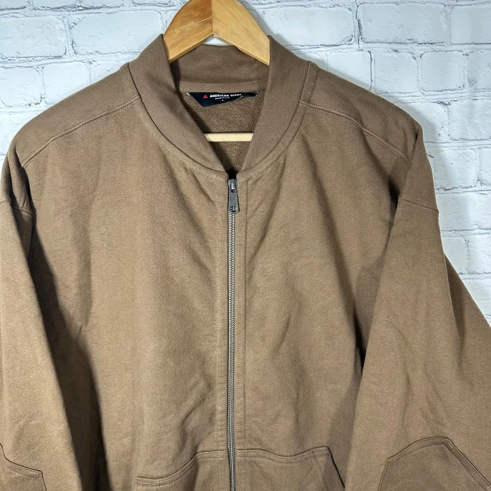 American Giant Mens Brown Cotton Fleece Full Zip Bomber Jacket Made in USA Large